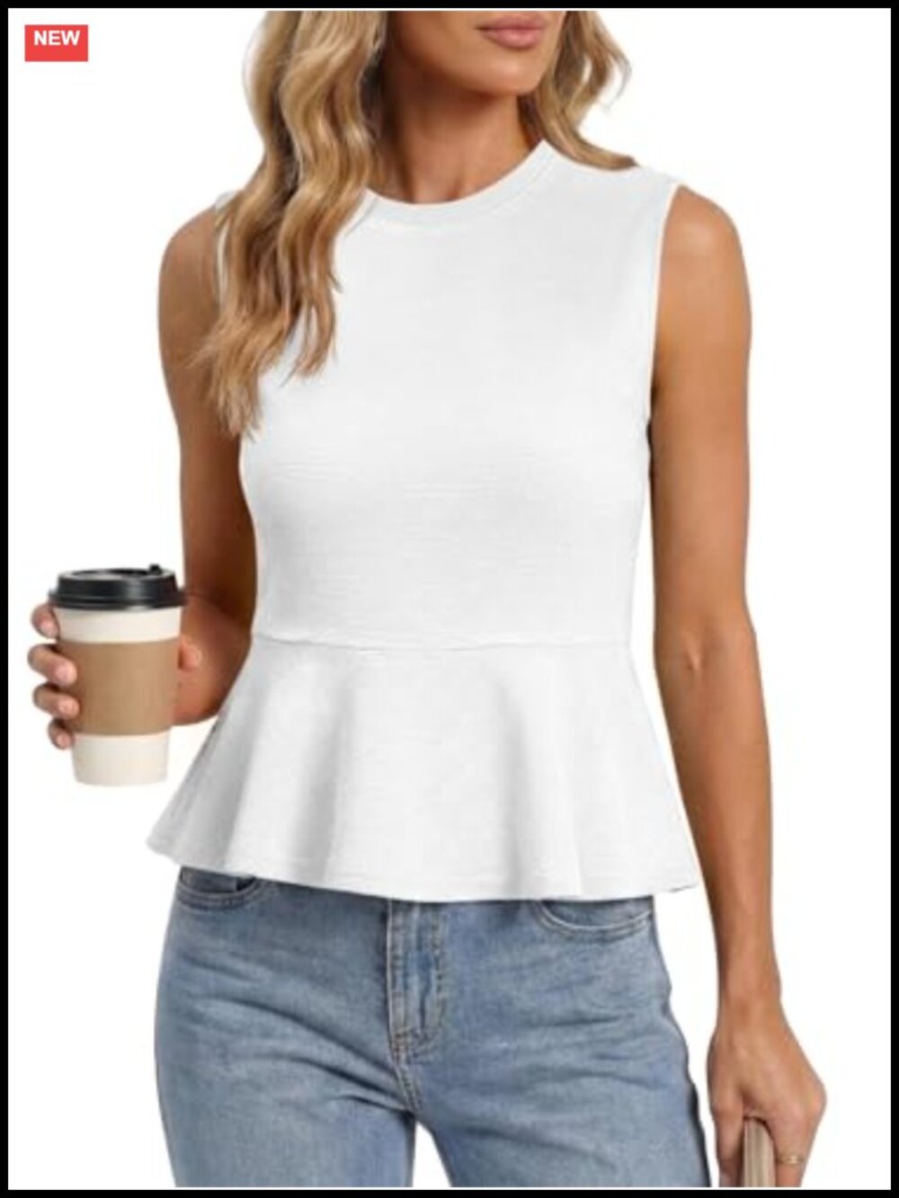 Womens Sleeveless Ribbed Knit Tank Top Peplum Ruffle Hem